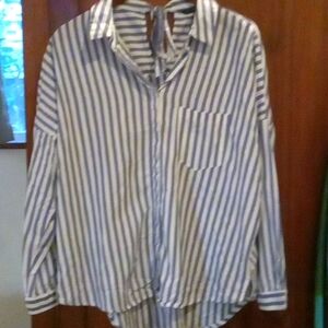 Zara Blue Zara White Striped Shirt Top Back Tie XS